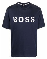Мужская темно-сине-белая футболка с круглым вырезом с принтом от BOSS