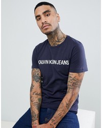 Мужская темно-сине-белая футболка с круглым вырезом с принтом от Calvin Klein Jeans