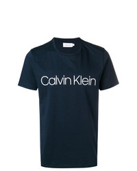 Мужская темно-сине-белая футболка с круглым вырезом с принтом от Calvin Klein