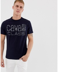 Мужская темно-сине-белая футболка с круглым вырезом с принтом от Cavalli Class