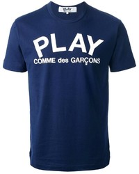 Мужская темно-сине-белая футболка с круглым вырезом с принтом от Comme des Garcons