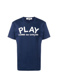 Мужская темно-сине-белая футболка с круглым вырезом с принтом от Comme Des Garcons Play