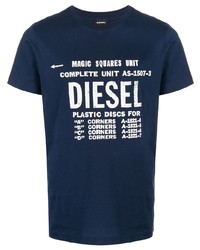 Мужская темно-сине-белая футболка с круглым вырезом с принтом от Diesel