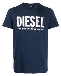 Мужская темно-сине-белая футболка с круглым вырезом с принтом от Diesel