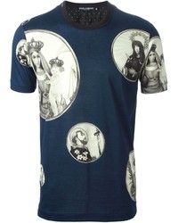 Мужская темно-сине-белая футболка с круглым вырезом с принтом от Dolce & Gabbana