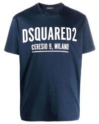 Мужская темно-сине-белая футболка с круглым вырезом с принтом от DSQUARED2