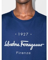 Мужская темно-сине-белая футболка с круглым вырезом с принтом от Salvatore Ferragamo