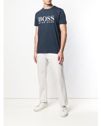 Мужская темно-сине-белая футболка с круглым вырезом с принтом от BOSS HUGO BOSS