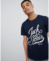 Мужская темно-сине-белая футболка с круглым вырезом с принтом от Jack & Jones