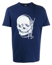 Мужская темно-сине-белая футболка с круглым вырезом с принтом от Just Cavalli