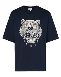 Мужская темно-сине-белая футболка с круглым вырезом с принтом от Kenzo