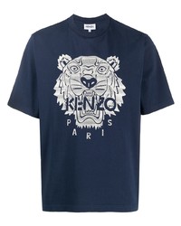Мужская темно-сине-белая футболка с круглым вырезом с принтом от Kenzo