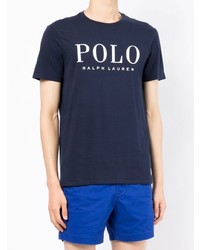 Мужская темно-сине-белая футболка с круглым вырезом с принтом от Polo Ralph Lauren