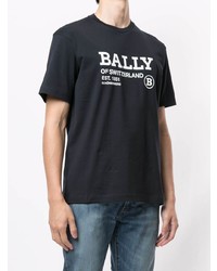 Мужская темно-сине-белая футболка с круглым вырезом с принтом от Bally
