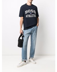 Мужская темно-сине-белая футболка с круглым вырезом с принтом от BOSS HUGO BOSS
