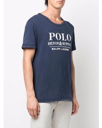 Мужская темно-сине-белая футболка с круглым вырезом с принтом от Polo Ralph Lauren