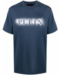 Мужская темно-сине-белая футболка с круглым вырезом с принтом от Philipp Plein