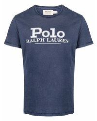 Мужская темно-сине-белая футболка с круглым вырезом с принтом от Polo Ralph Lauren