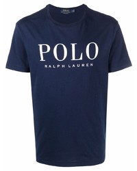 Мужская темно-сине-белая футболка с круглым вырезом с принтом от Polo Ralph Lauren