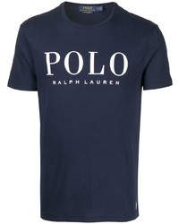 Мужская темно-сине-белая футболка с круглым вырезом с принтом от Polo Ralph Lauren