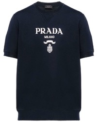 Мужская темно-сине-белая футболка с круглым вырезом с принтом от Prada