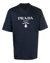 Мужская темно-сине-белая футболка с круглым вырезом с принтом от Prada