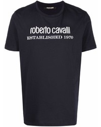 Мужская темно-сине-белая футболка с круглым вырезом с принтом от Roberto Cavalli