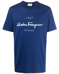 Мужская темно-сине-белая футболка с круглым вырезом с принтом от Salvatore Ferragamo