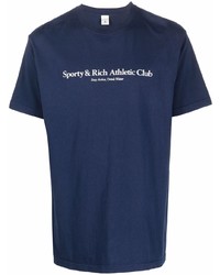Мужская темно-сине-белая футболка с круглым вырезом с принтом от Sporty & Rich