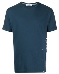 Мужская темно-сине-белая футболка с круглым вырезом с принтом от Stone Island