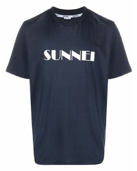 Мужская темно-сине-белая футболка с круглым вырезом с принтом от Sunnei
