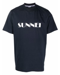 Мужская темно-сине-белая футболка с круглым вырезом с принтом от Sunnei