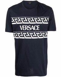 Мужская темно-сине-белая футболка с круглым вырезом с принтом от Versace