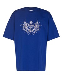 Мужская темно-сине-белая футболка с круглым вырезом с принтом от Vetements