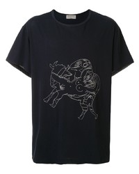 Мужская темно-сине-белая футболка с круглым вырезом с принтом от Yohji Yamamoto