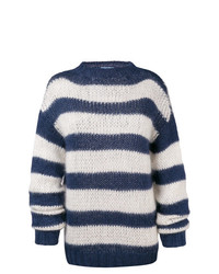 Женский темно-сине-белый свитер с круглым вырезом в горизонтальную полоску от Prada