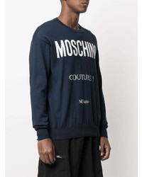 Мужской темно-сине-белый свитер с круглым вырезом с принтом от Moschino