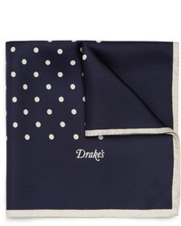 Темно-сине-белый шелковый нагрудный платок в горошек от Drakes