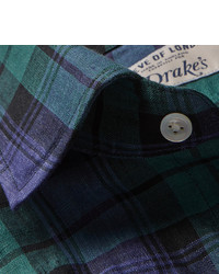 Мужская темно-сине-зеленая рубашка с длинным рукавом в шотландскую клетку от Drakes