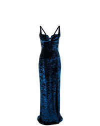 Темно-синее бархатное вечернее платье с разрезом