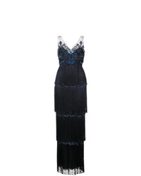 Темно-синее вечернее платье c бахромой от Marchesa Notte