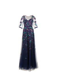Темно-синее вечернее платье из фатина с вышивкой от Marchesa Notte