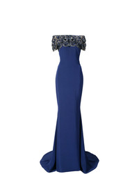 Темно-синее вечернее платье с вышивкой от Marchesa
