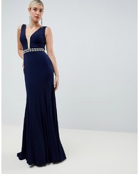 Темно-синее вечернее платье с украшением от Jovani