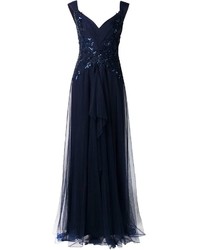 Темно-синее вечернее платье с украшением от Marchesa