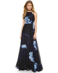 Темно-синее вечернее платье с цветочным принтом от Lela Rose