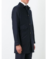 Темно-синее длинное пальто в вертикальную полоску от Kiton