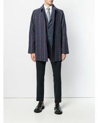 Темно-синее длинное пальто в клетку от Prada