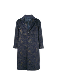 Темно-синее длинное пальто с цветочным принтом