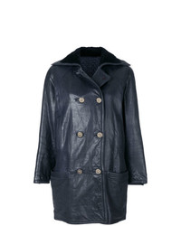 Женское темно-синее кожаное пальто от Versace Vintage